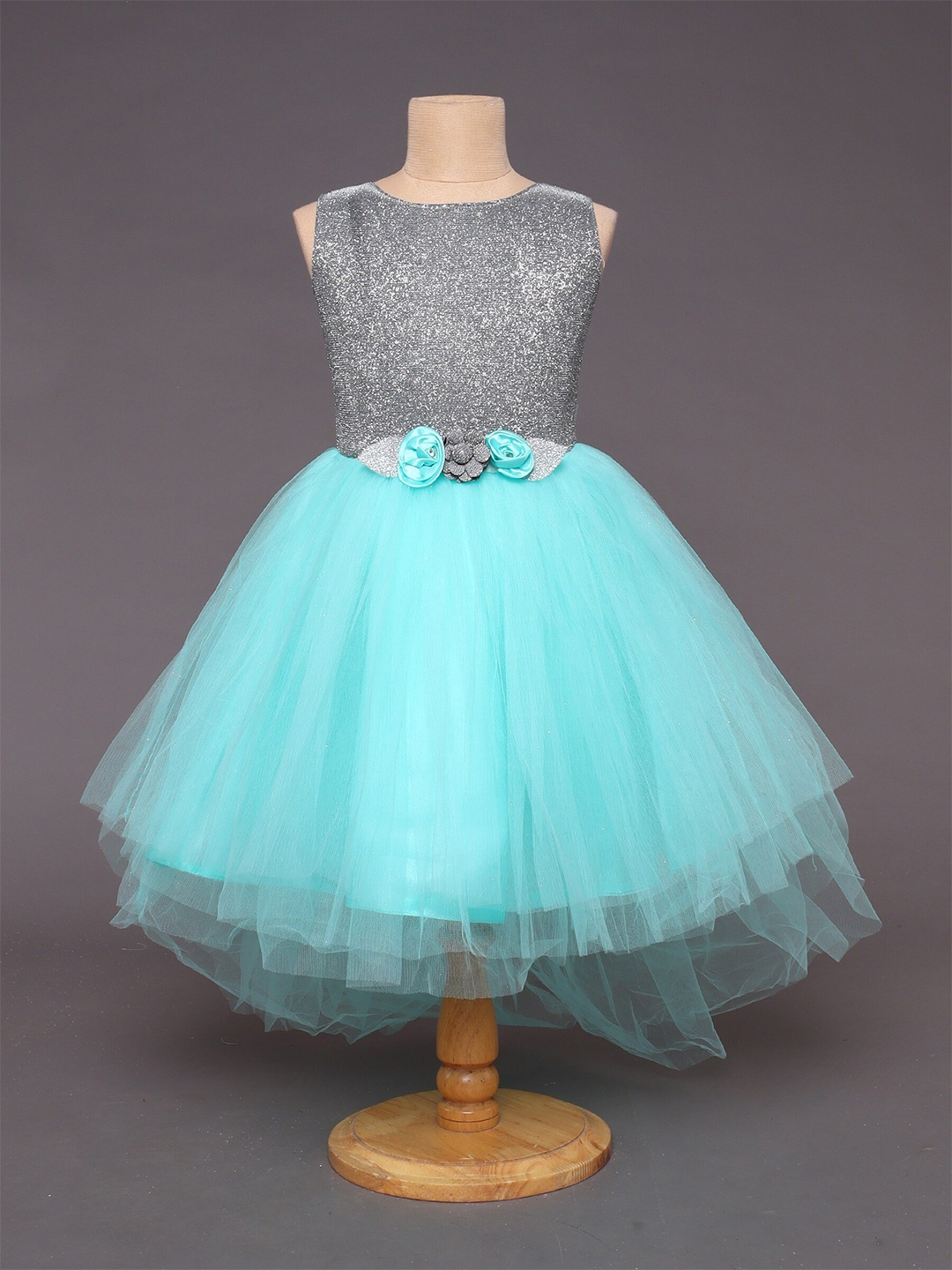 

The Magic Wand Girls Self Design Net Fit and Flare Dress, Turquoise blue