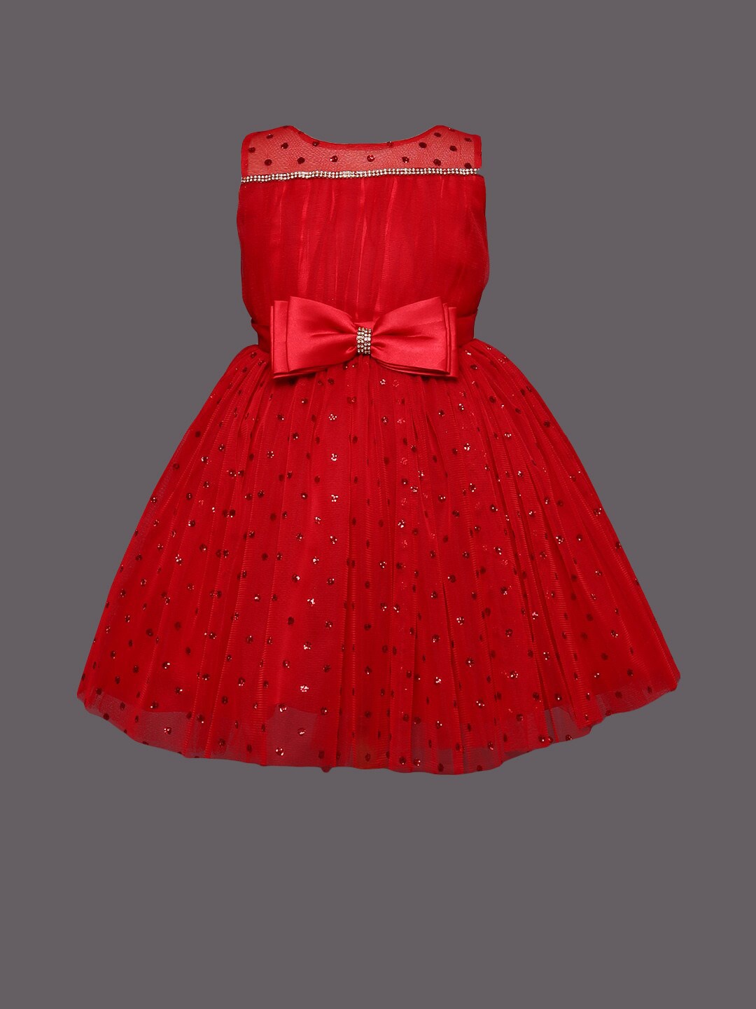 

The Magic Wand Girls Self Design Net Fit and Flare Dress, Red