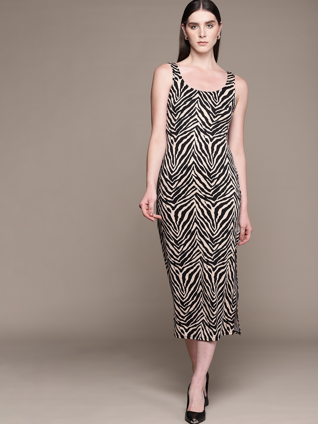 

bebe Vacation Recall Animal Print Sheath Midi Dress, Beige