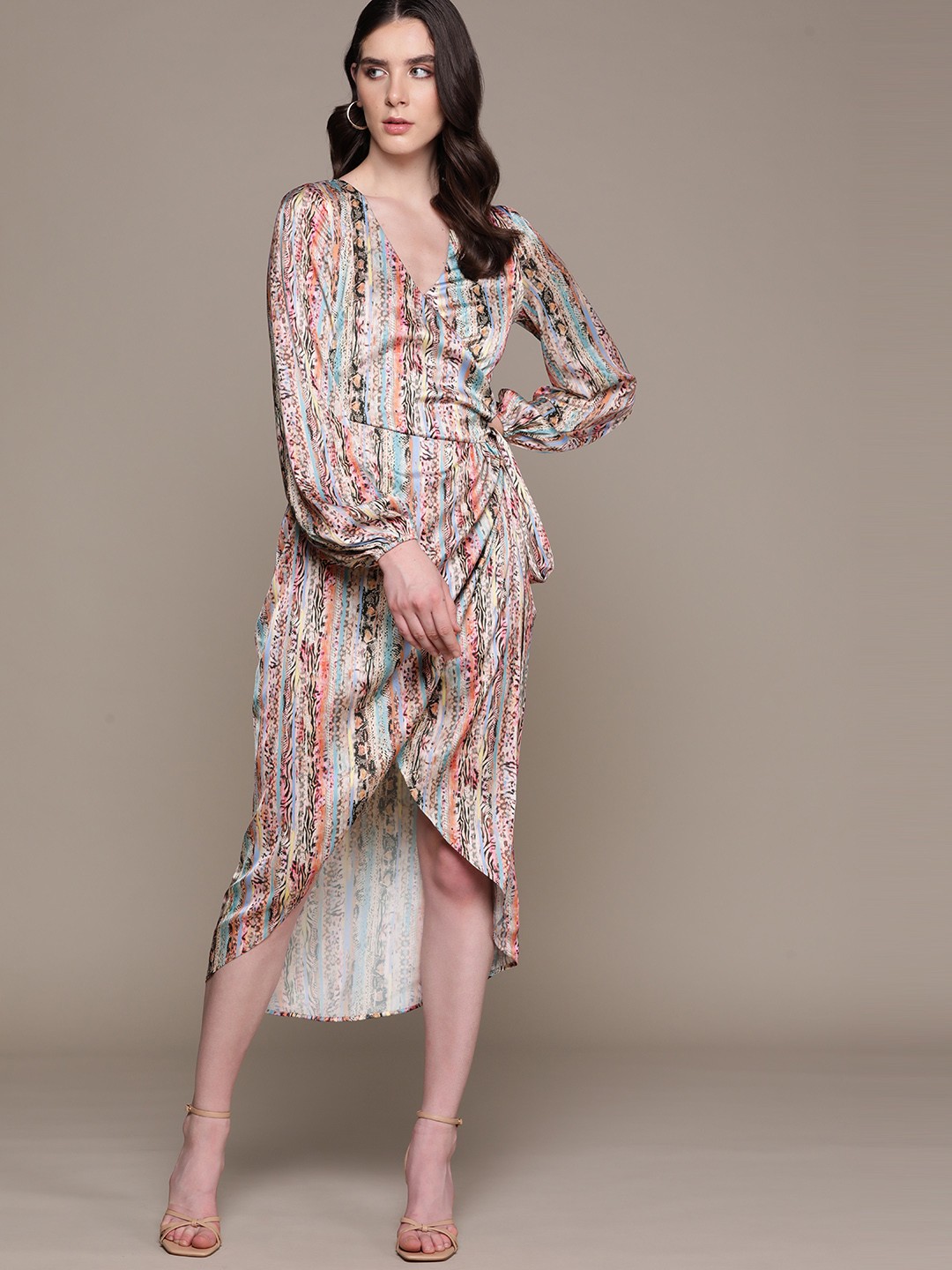 

bebe Animal Print Wrap Satin Midi Party Dress, Beige