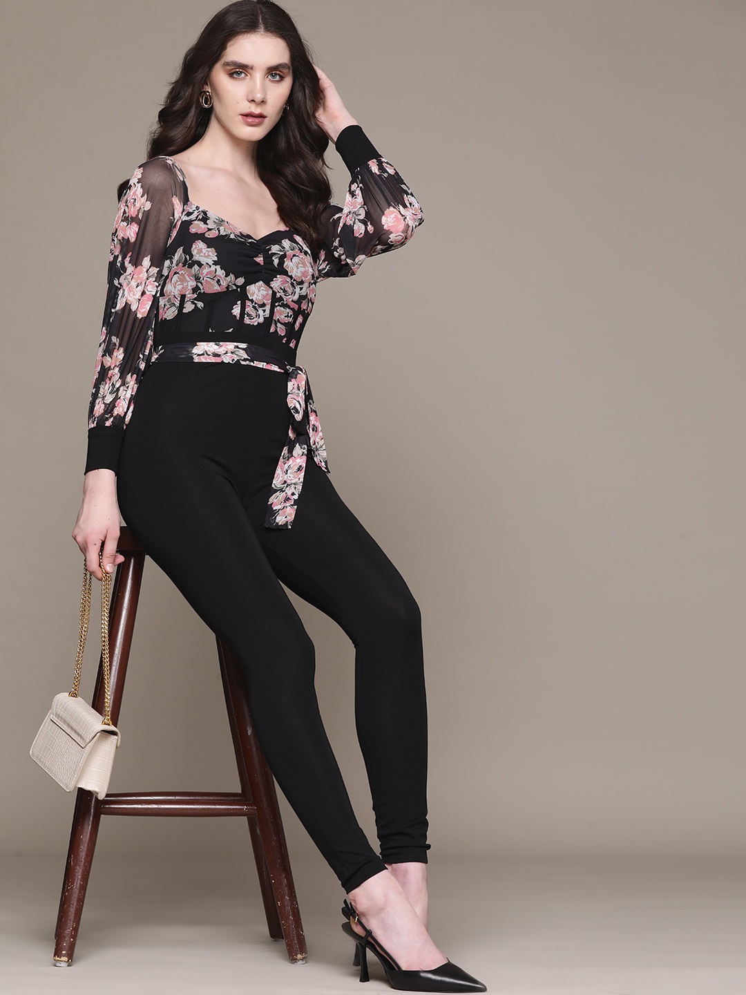 

bebe Midnight Black Soft Romance Floral Structured Jumpsuit