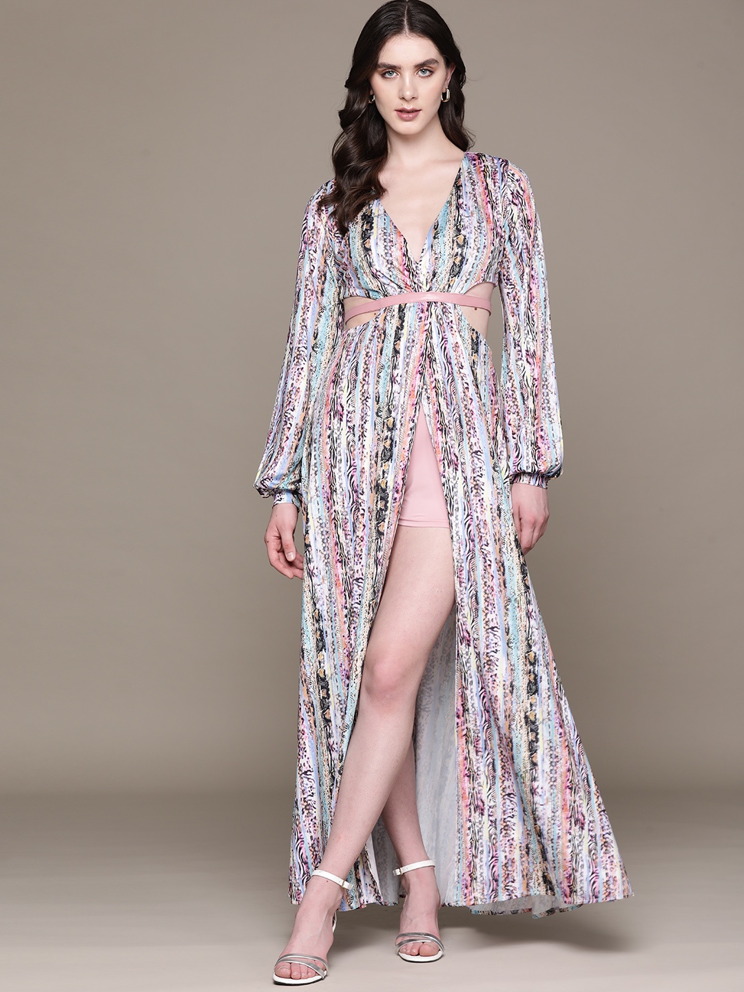 

bebe Vibrant Vacay Printed High-Slit Cut-Out Detail Maxi Dress, Blue