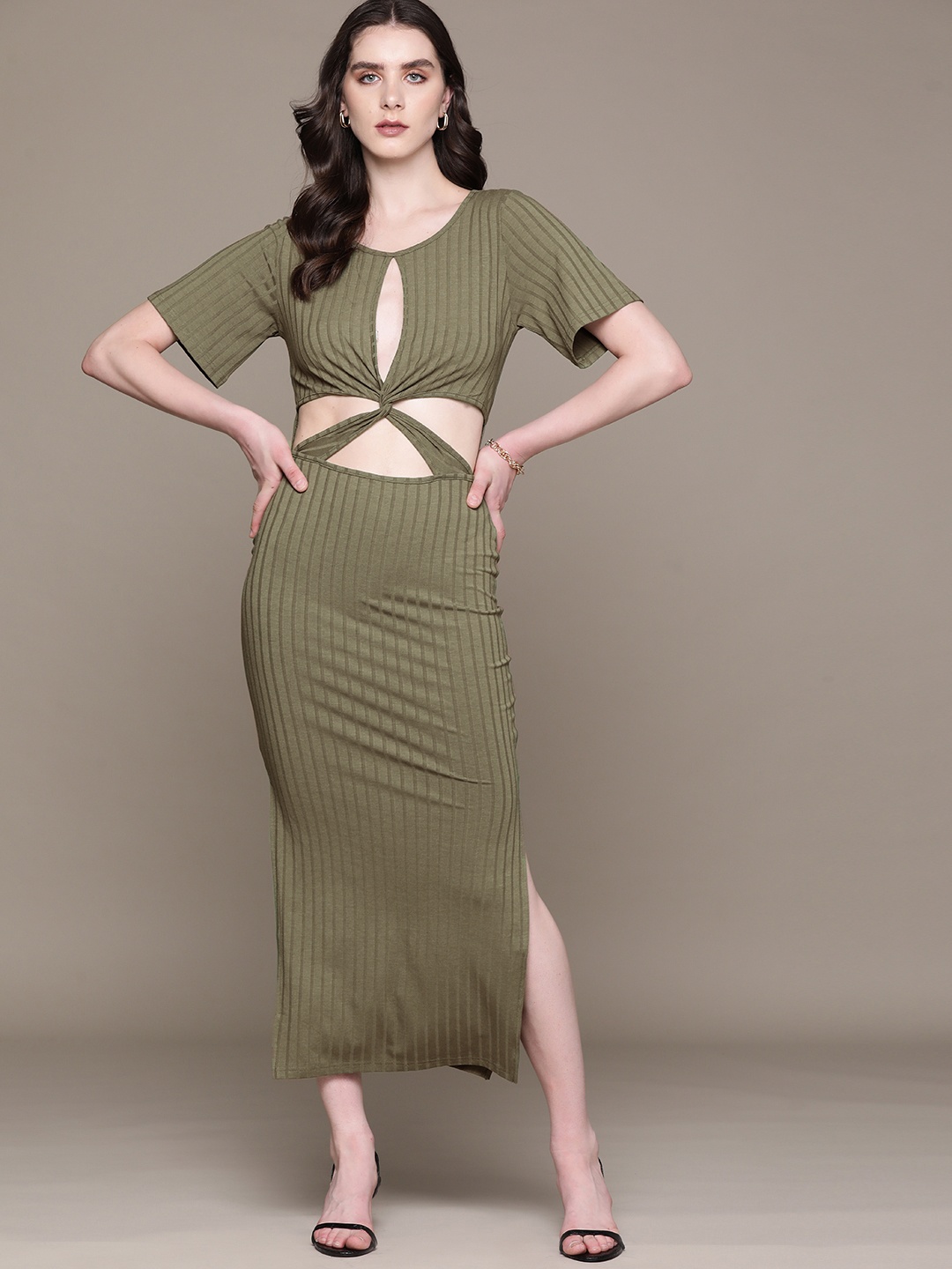 

bebe All Day Ribbed Cut-Out Detail Sheath Midi Dress, Olive