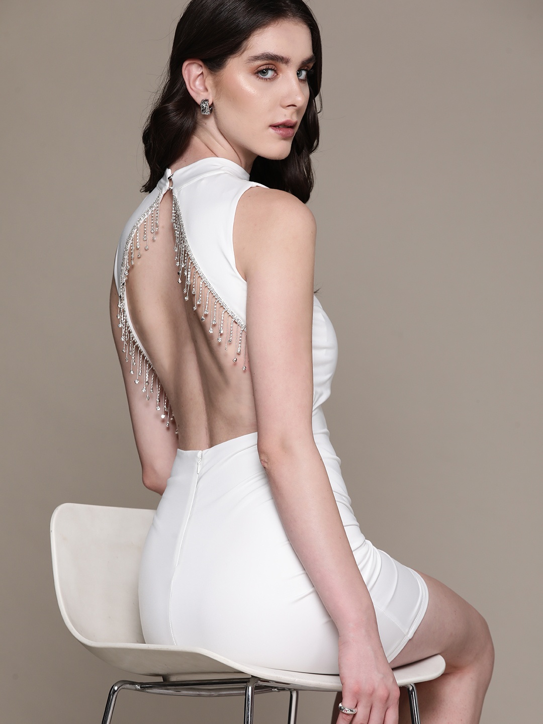 

bebe Future Glam Open Back Rhinestone Detail Bodycon Mini Dress, White