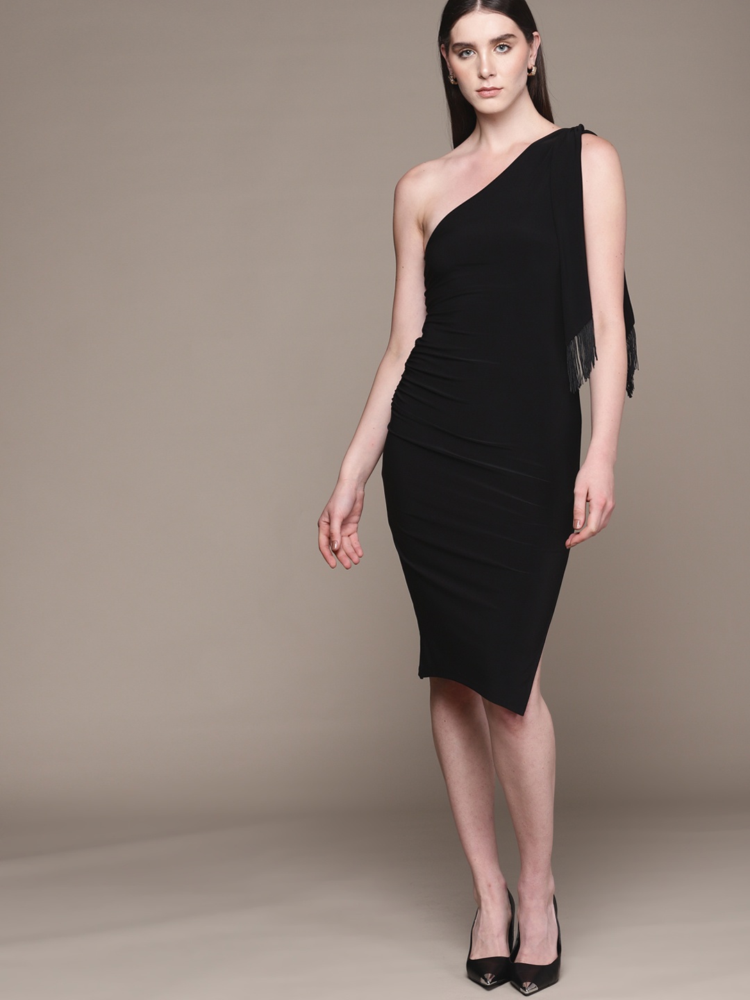 

bebe Future Glam Fringed Hem Bodycon Midi Dress, Black