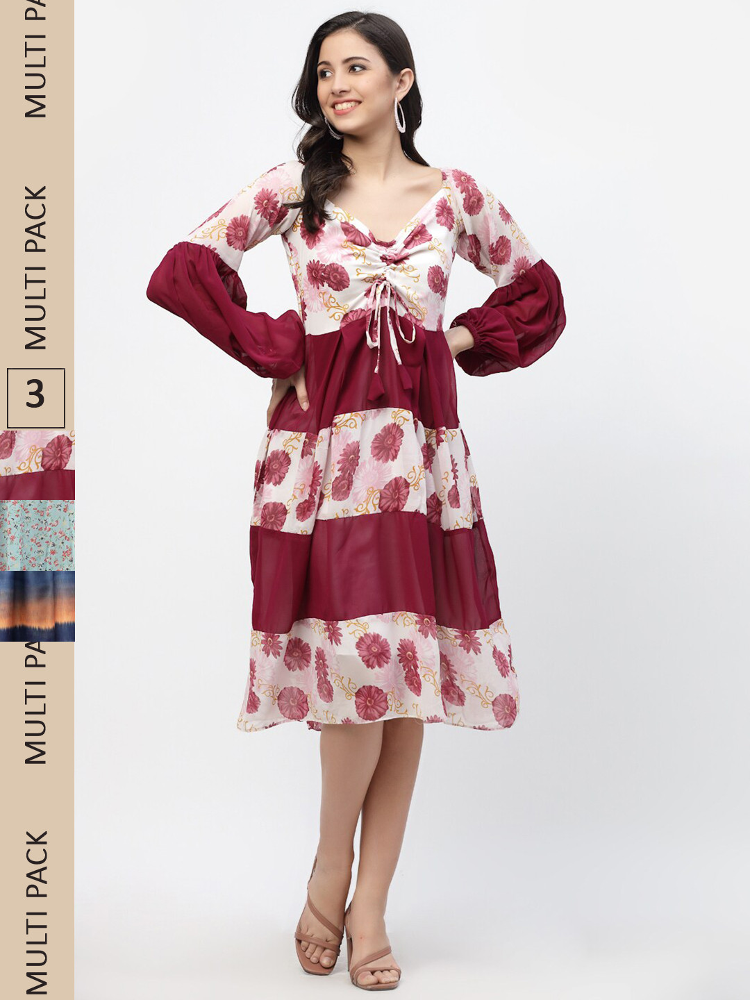 

MISS AYSE Pack Of 3 Floral Printed Georgette A-Line Midi Dresses, Maroon