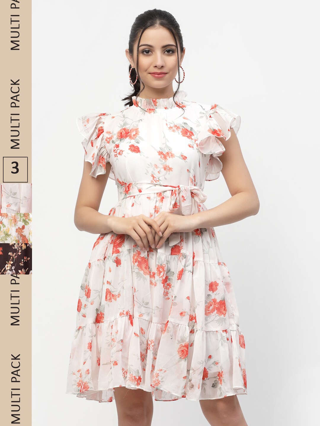 

MISS AYSE Pack Of 3 Floral Printed Georgette Fit and Flare Dresses, White