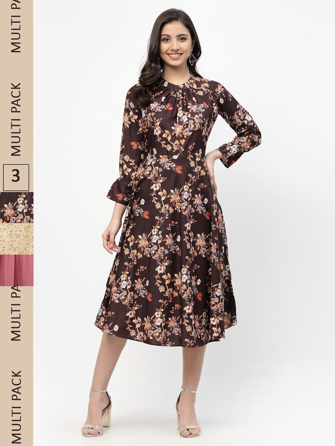 

MISS AYSE Pack Of 3 Floral Printed Georgette A-Line Midi Dresses, Burgundy
