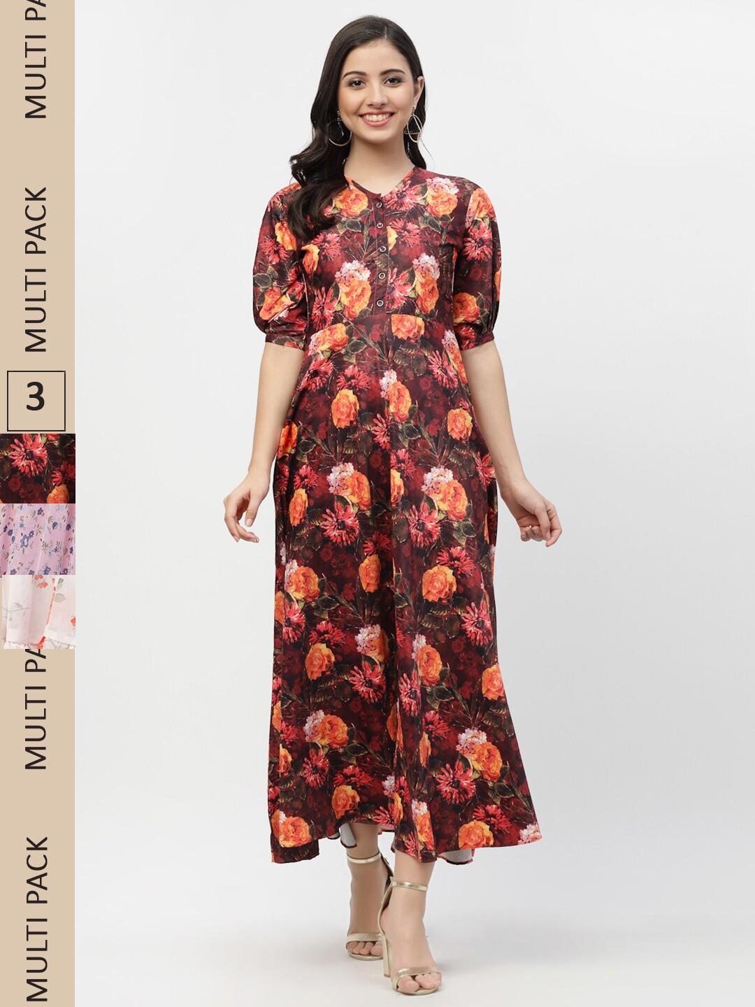 

MISS AYSE Pack Of 3 Floral Printed Georgette A-Line Maxi Dresses, Maroon