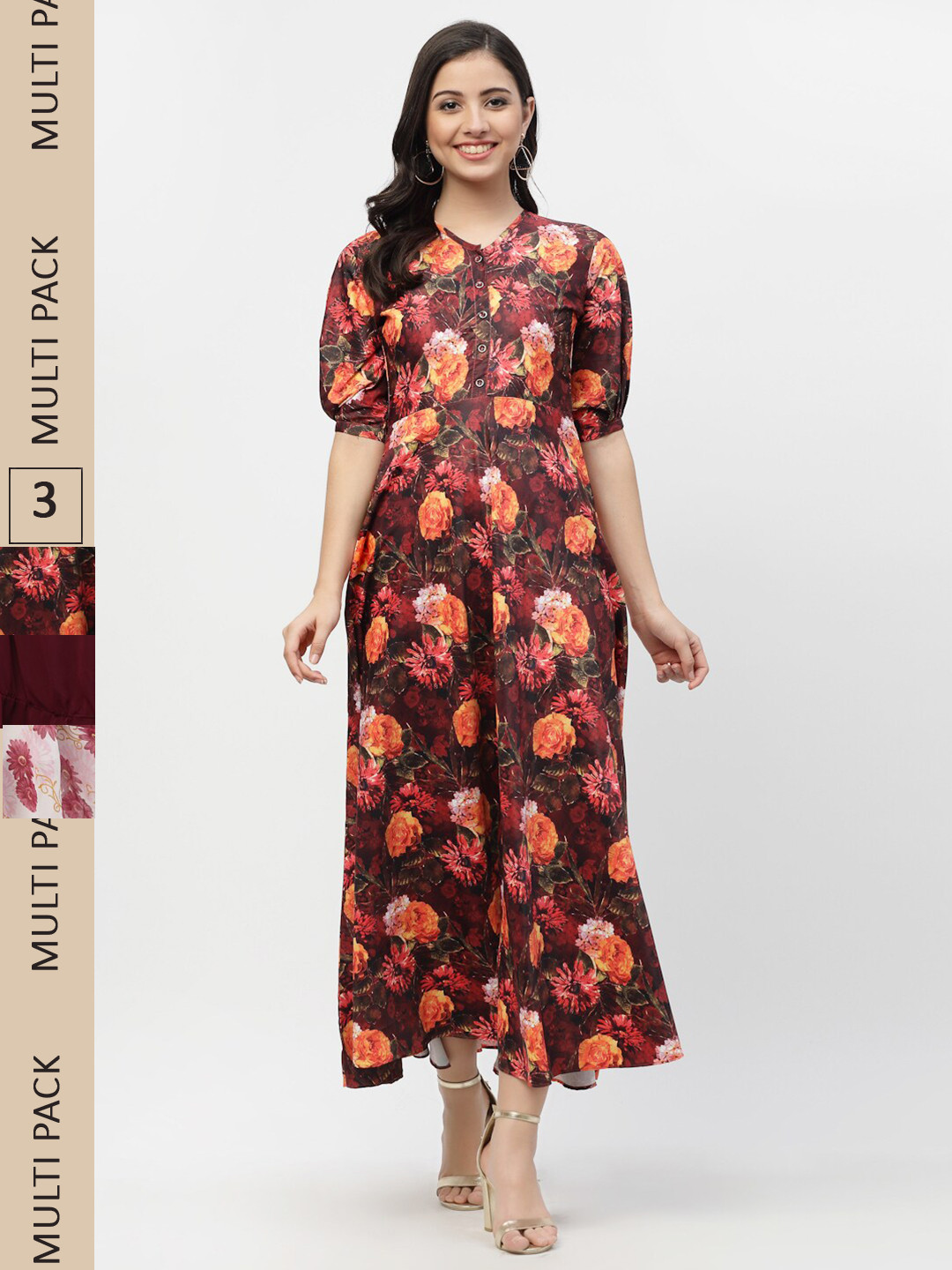 

MISS AYSE Pack Of 3 Floral Printed Georgette A-Line Maxi Dresses, Maroon
