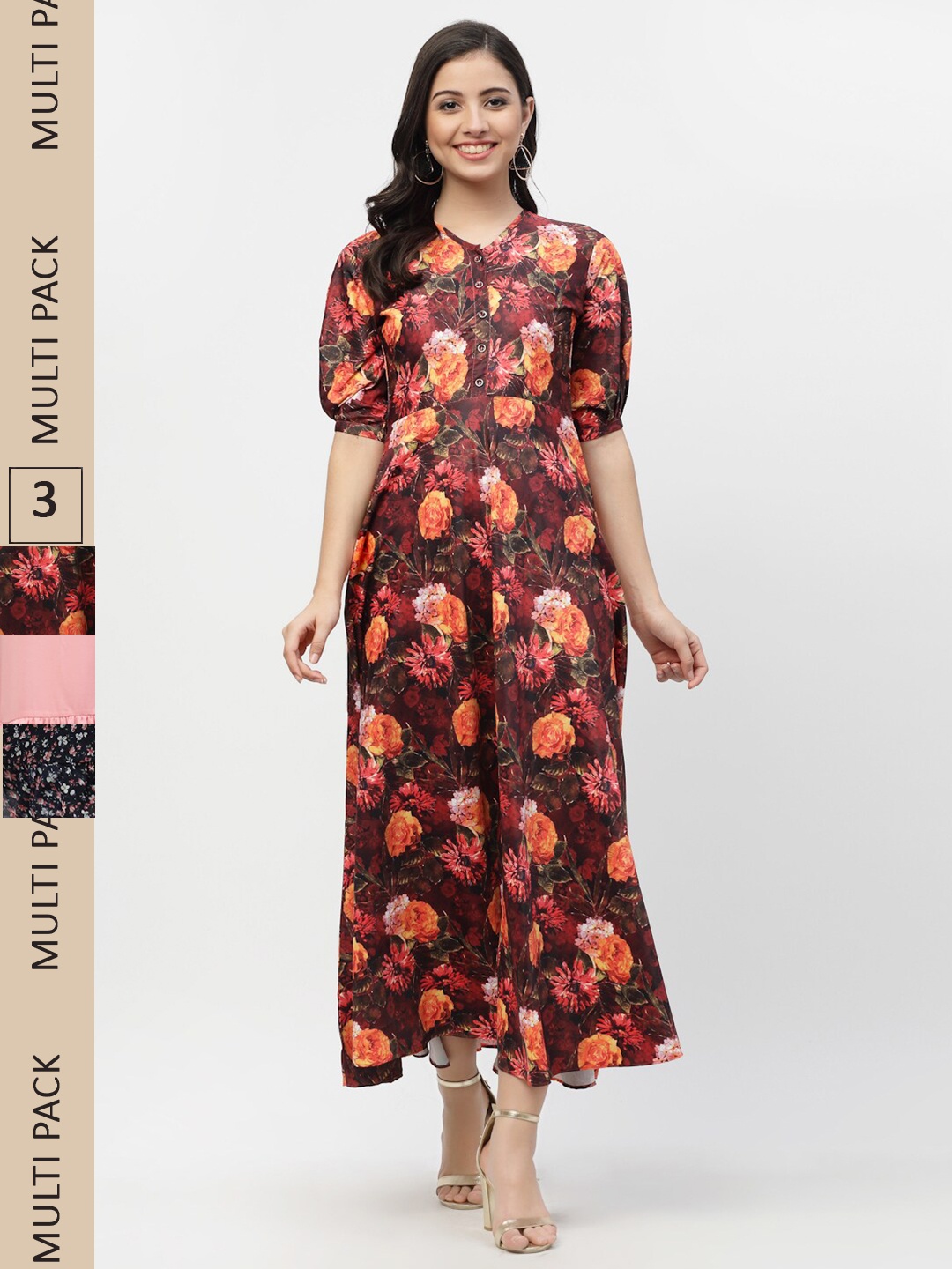 

MISS AYSE Pack Of 3 Floral Printed Georgette A-Line Maxi Dresses, Maroon