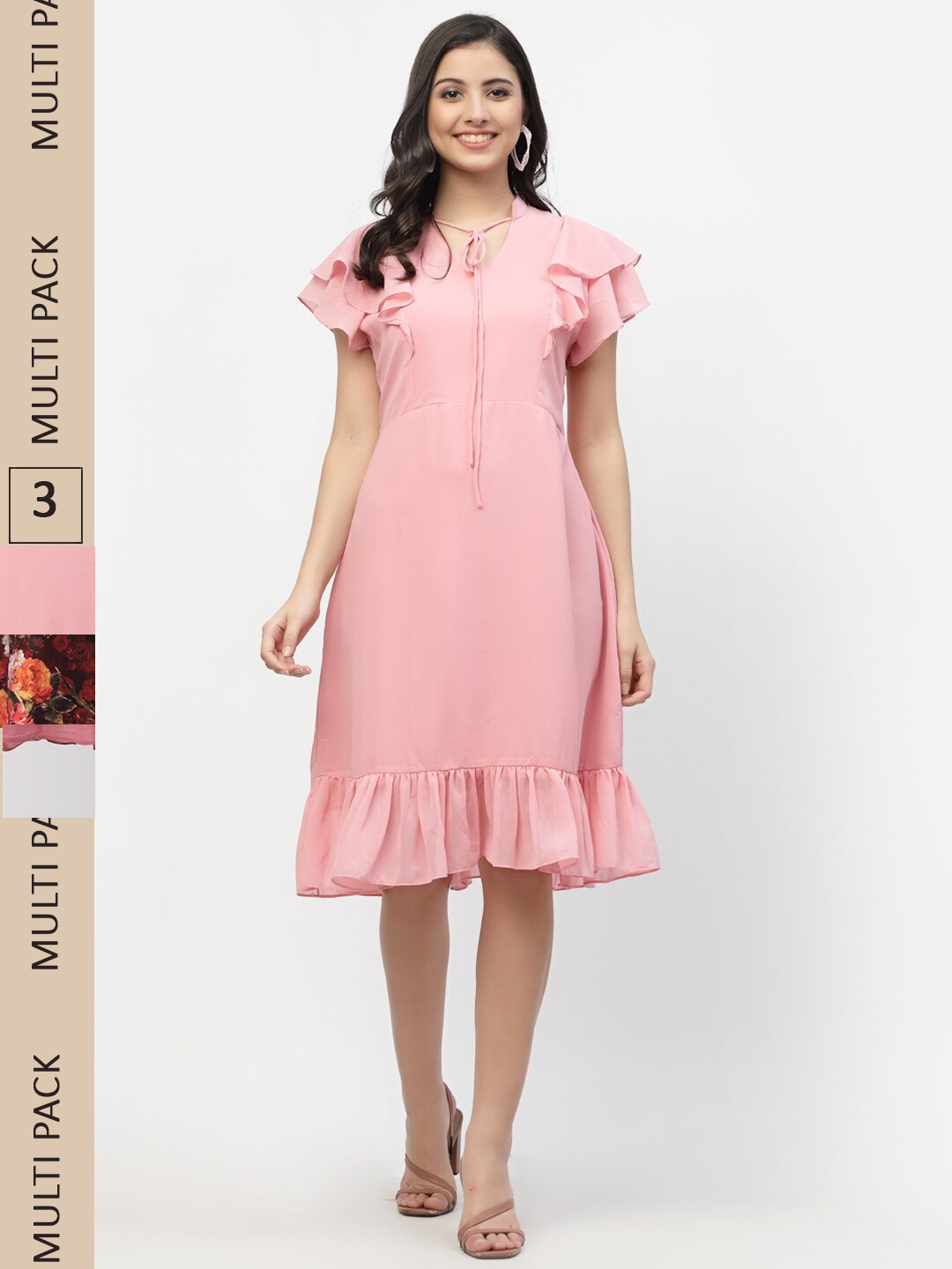 

MISS AYSE Pack Of 3 Tie-Up Neck Georgette A-Line Midi Dresses, Pink