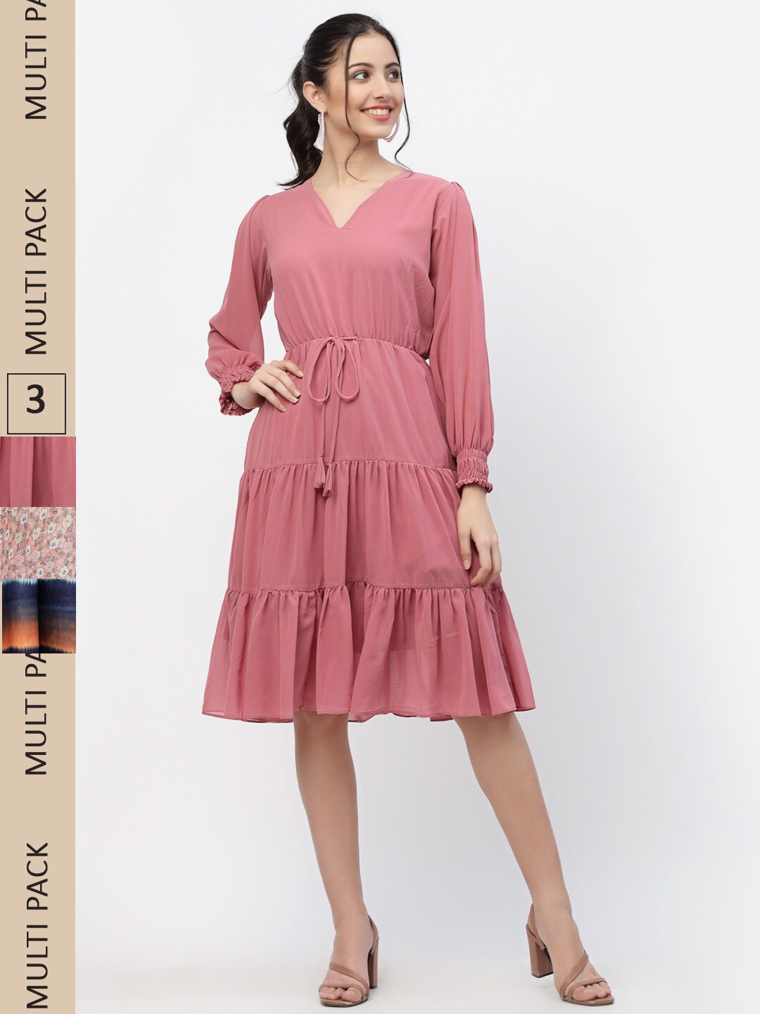 

MISS AYSE Pack Of 3 V-Neck Georgette Midi Fit and Flare Dresses, Pink