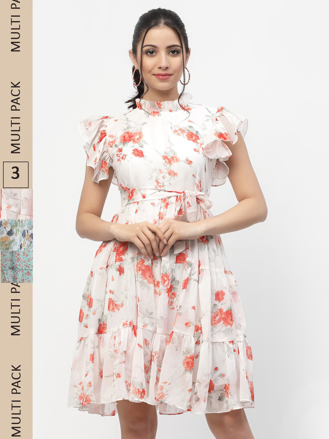 

MISS AYSE Pack Of 3 Floral Printed Georgette Fit and Flare Dresses, White