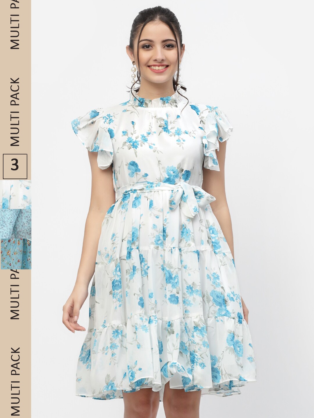 

MISS AYSE Pack Of 3 Floral Printed Georgette Fit and Flare Dresses, White