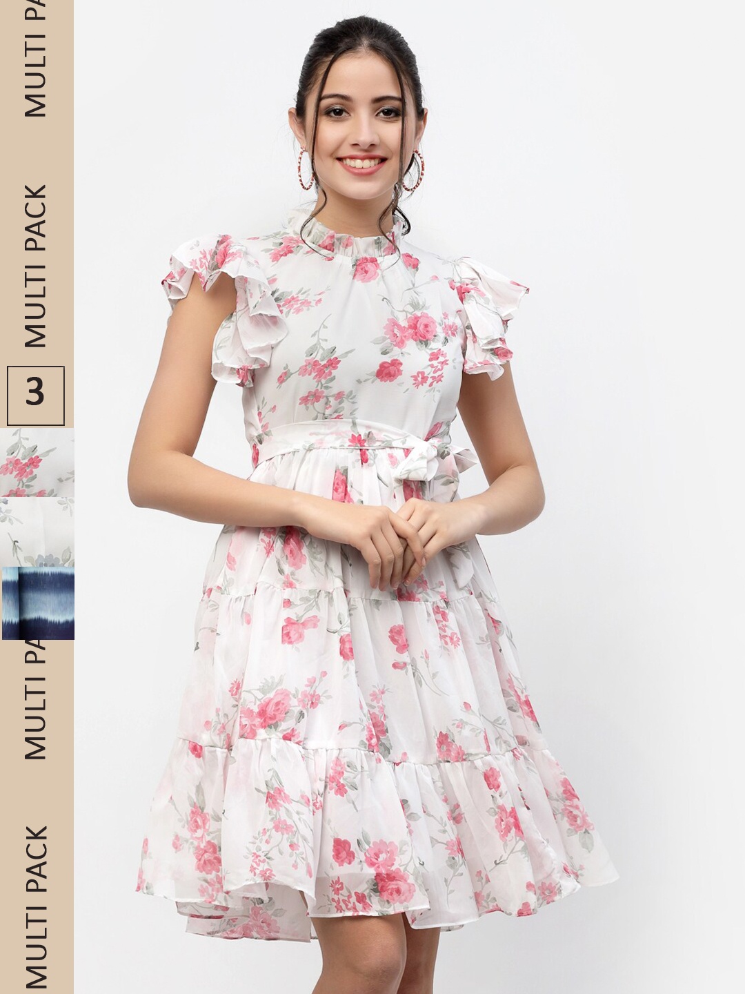 

MISS AYSE Pack Of 3 Floral Printed Georgette Fit and Flare Dresses, White