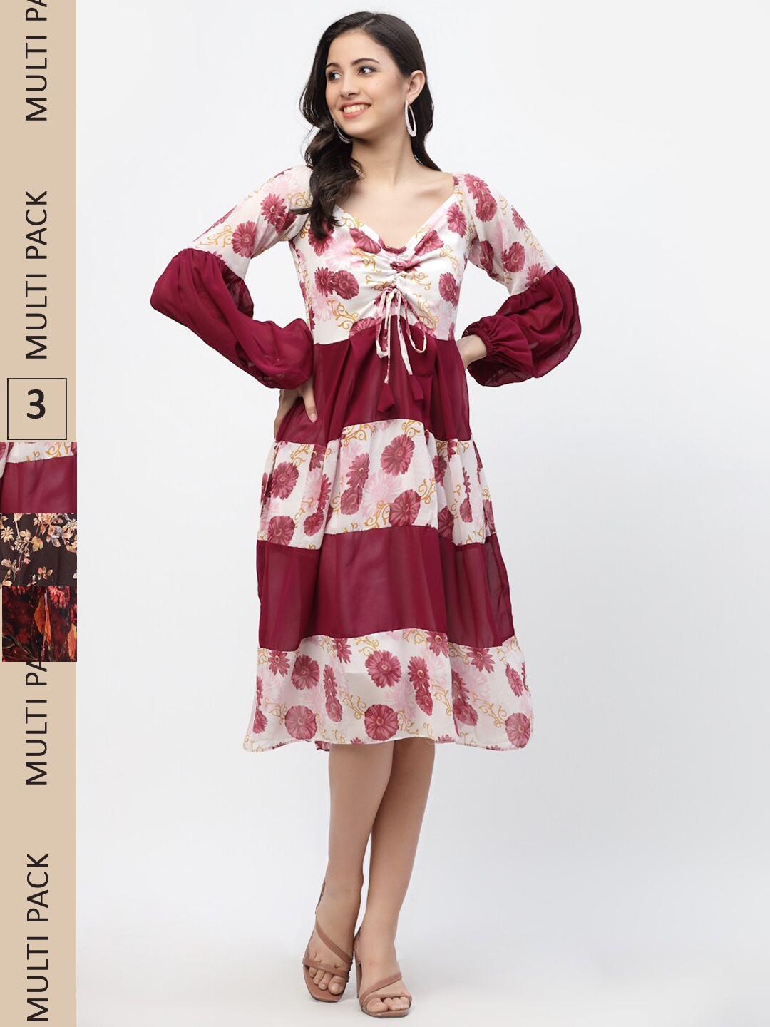 

MISS AYSE Pack Of 3 Floral Printed Georgette A-Line Midi Dresses, Maroon