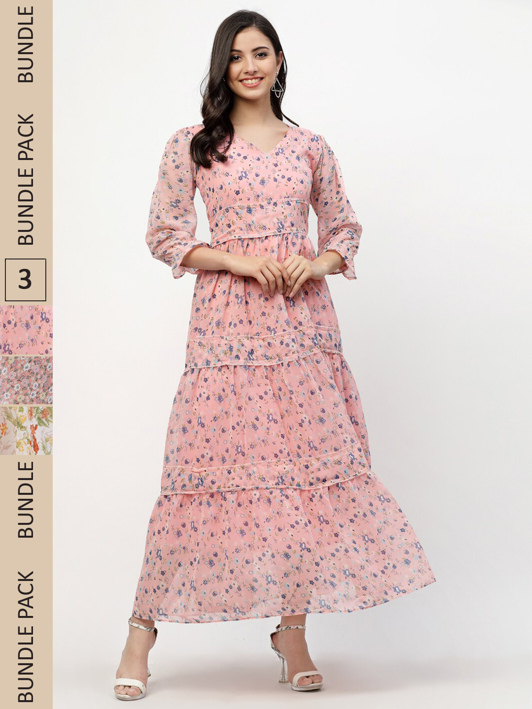 

MISS AYSE Pack Of 3 Floral Printed Georgette Maxi Dresses, Pink