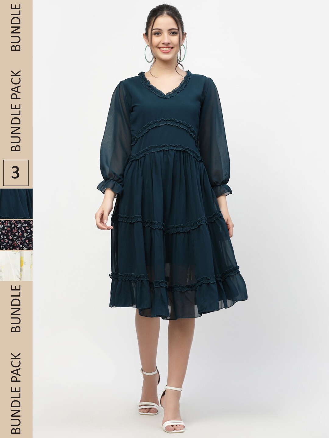 MISS AYSE Pack of 3 Fit & Flare Georgette Dress, Blue