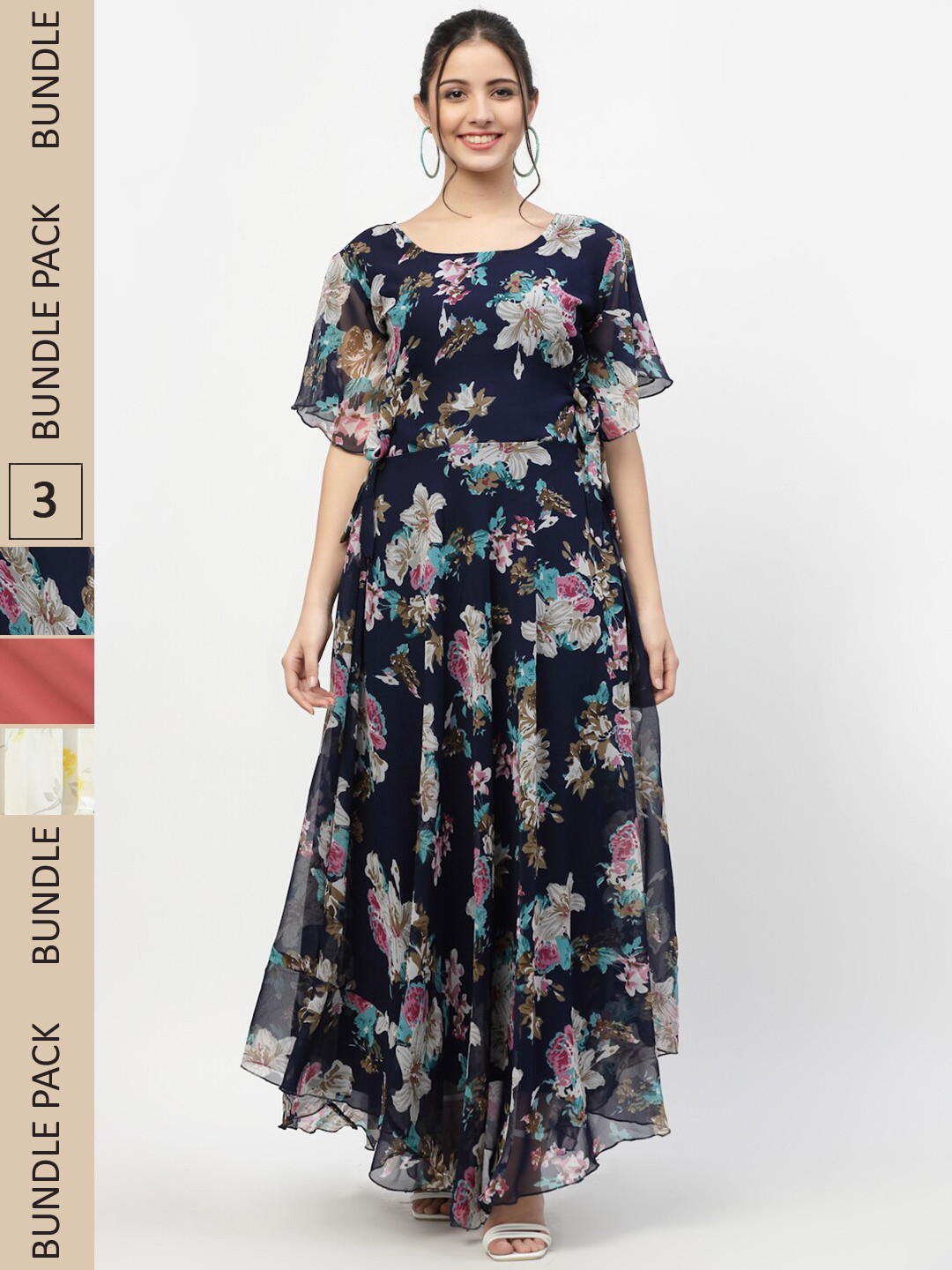 

MISS AYSE Pack of 3 Fit & Flare Floral Print Georgette Dress, Navy blue