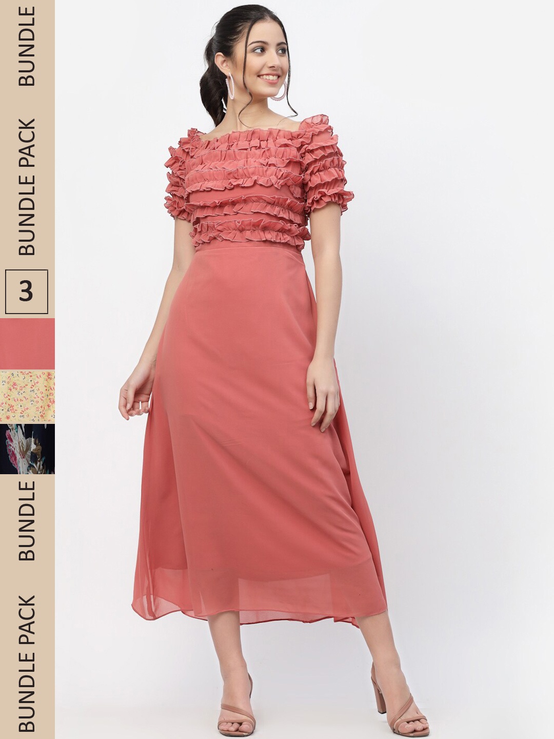 

MISS AYSE Pack Of 3 Off-Shoulder Georgette Midi Dress, Pink