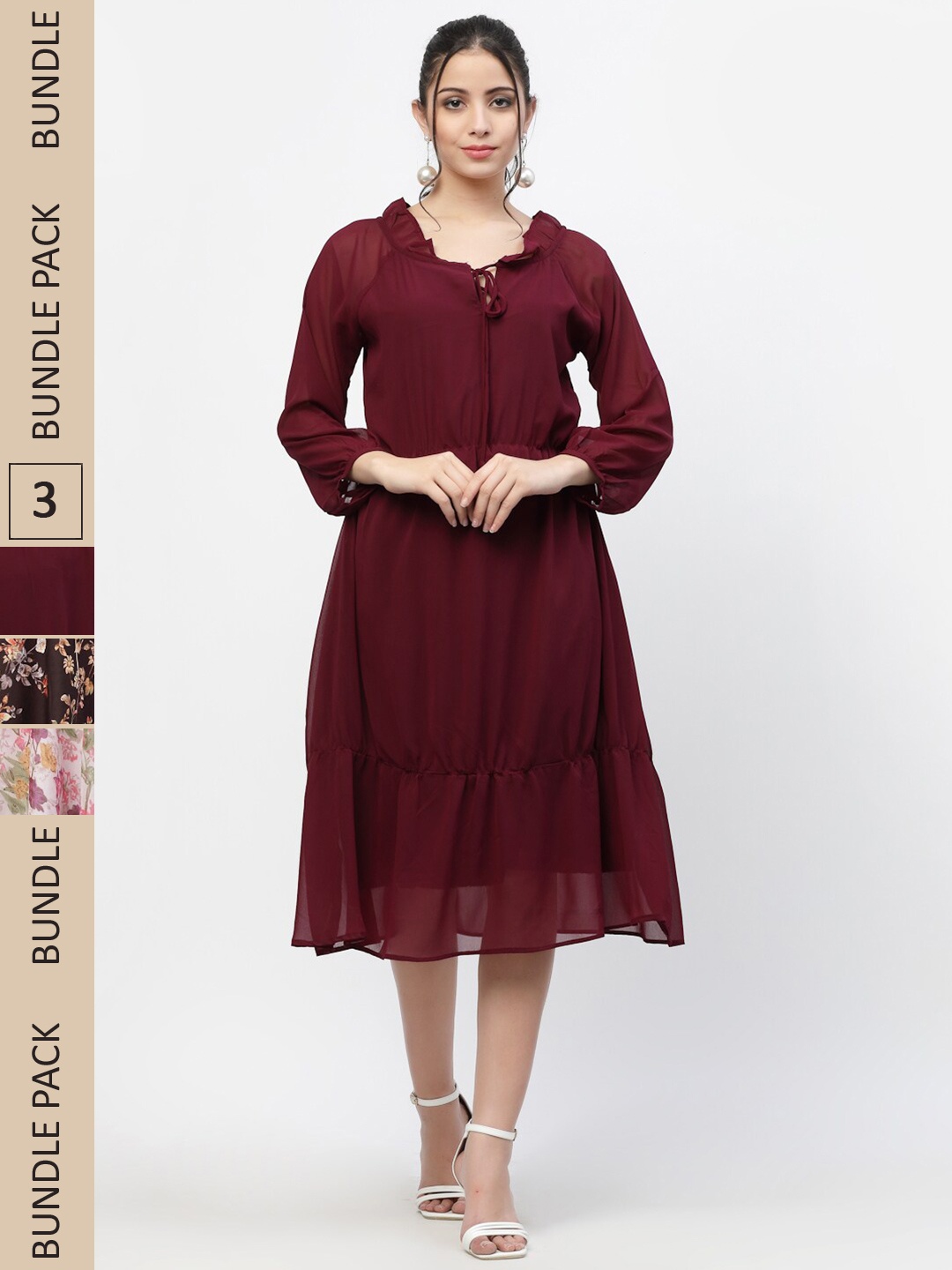 

MISS AYSE Pack Of 3 Floral Georgette Dress, Maroon