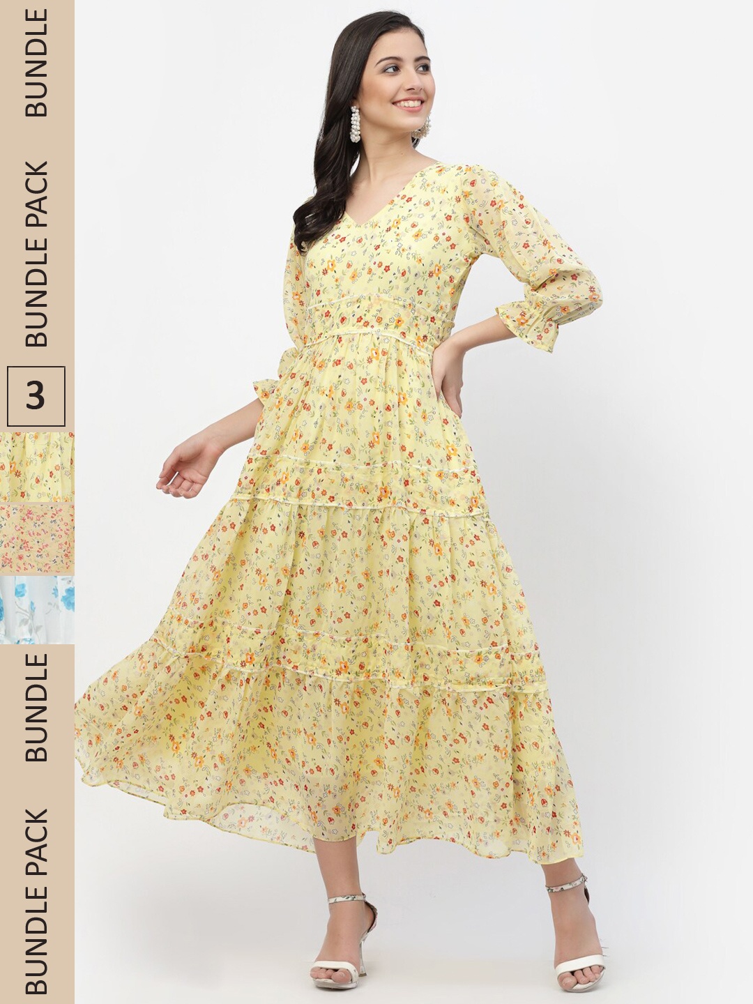 

MISS AYSE Pack Of 3 Floral Georgette Maxi Dress, Yellow