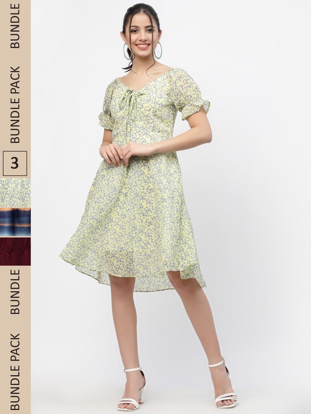 

MISS AYSE Pack Of 3 Floral Georgette Dress, Yellow