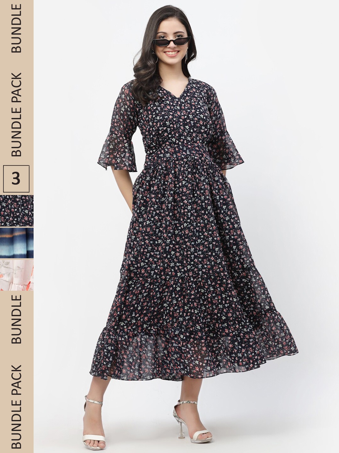 

MISS AYSE Pack Of 3 Floral Georgette Maxi Dress, Black