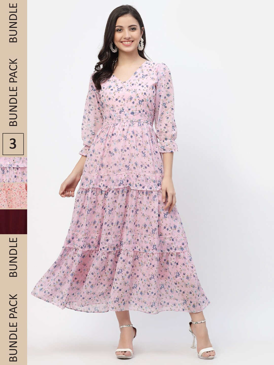 

MISS AYSE Pack Of 3 Floral Georgette Maxi Dress, Pink