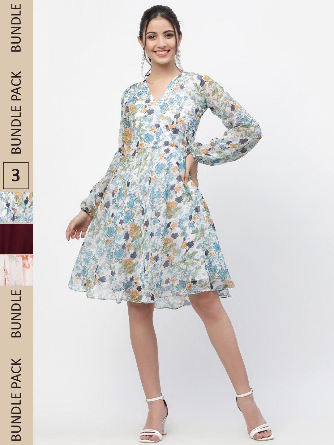 

MISS AYSE Pack Of 3 Floral Georgette Dress, White