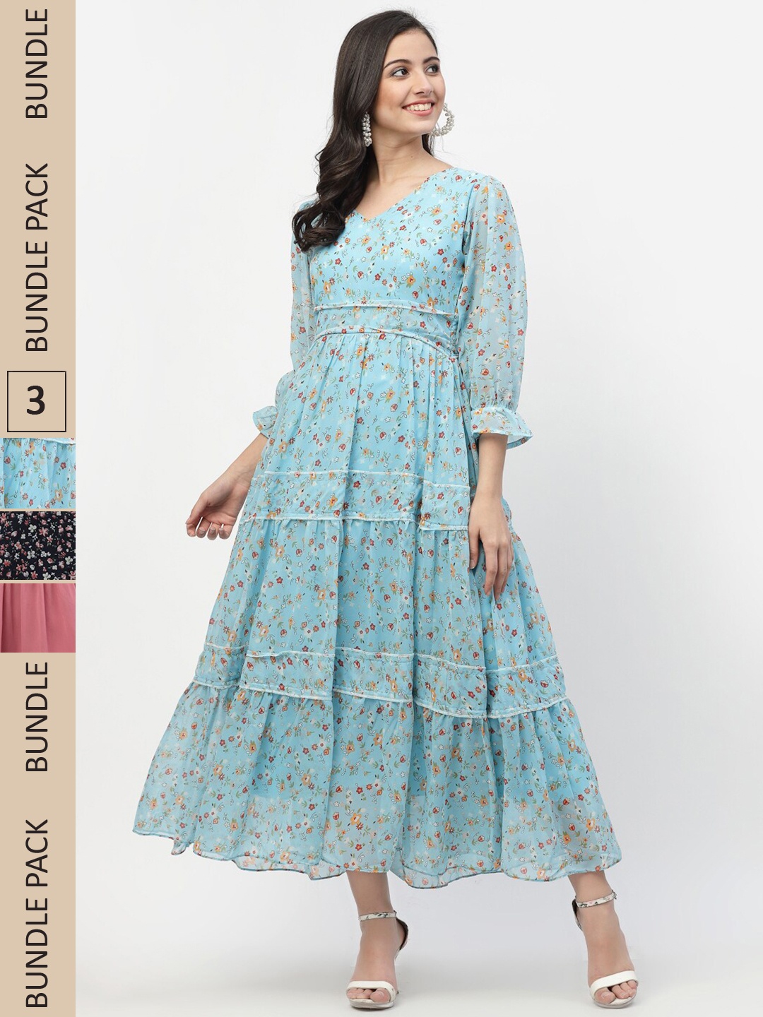 

MISS AYSE Pack Of 3 Floral Georgette Maxi Maxi Dress, Blue