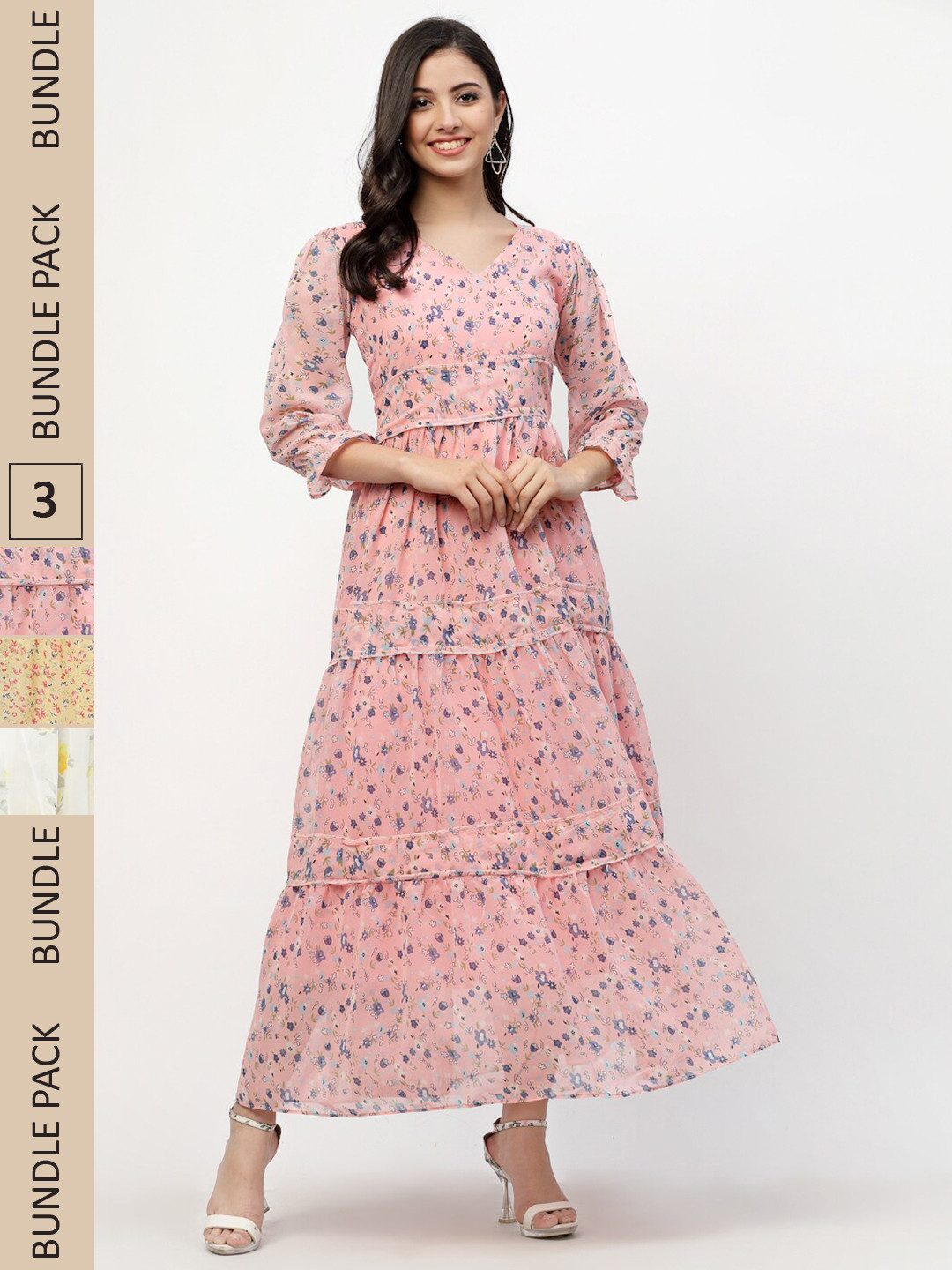 

MISS AYSE Pack Of 3 Floral Georgette Midi Dress, Pink