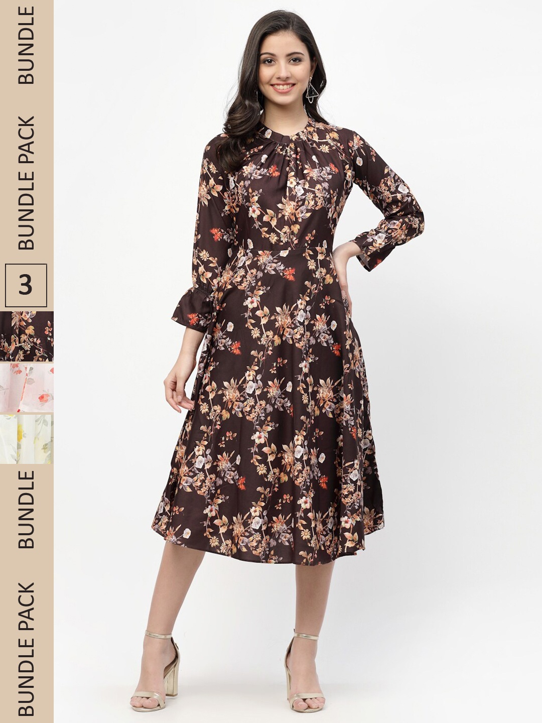 

MISS AYSE Pack Of 3 Floral Georgette Midi Dress, Brown