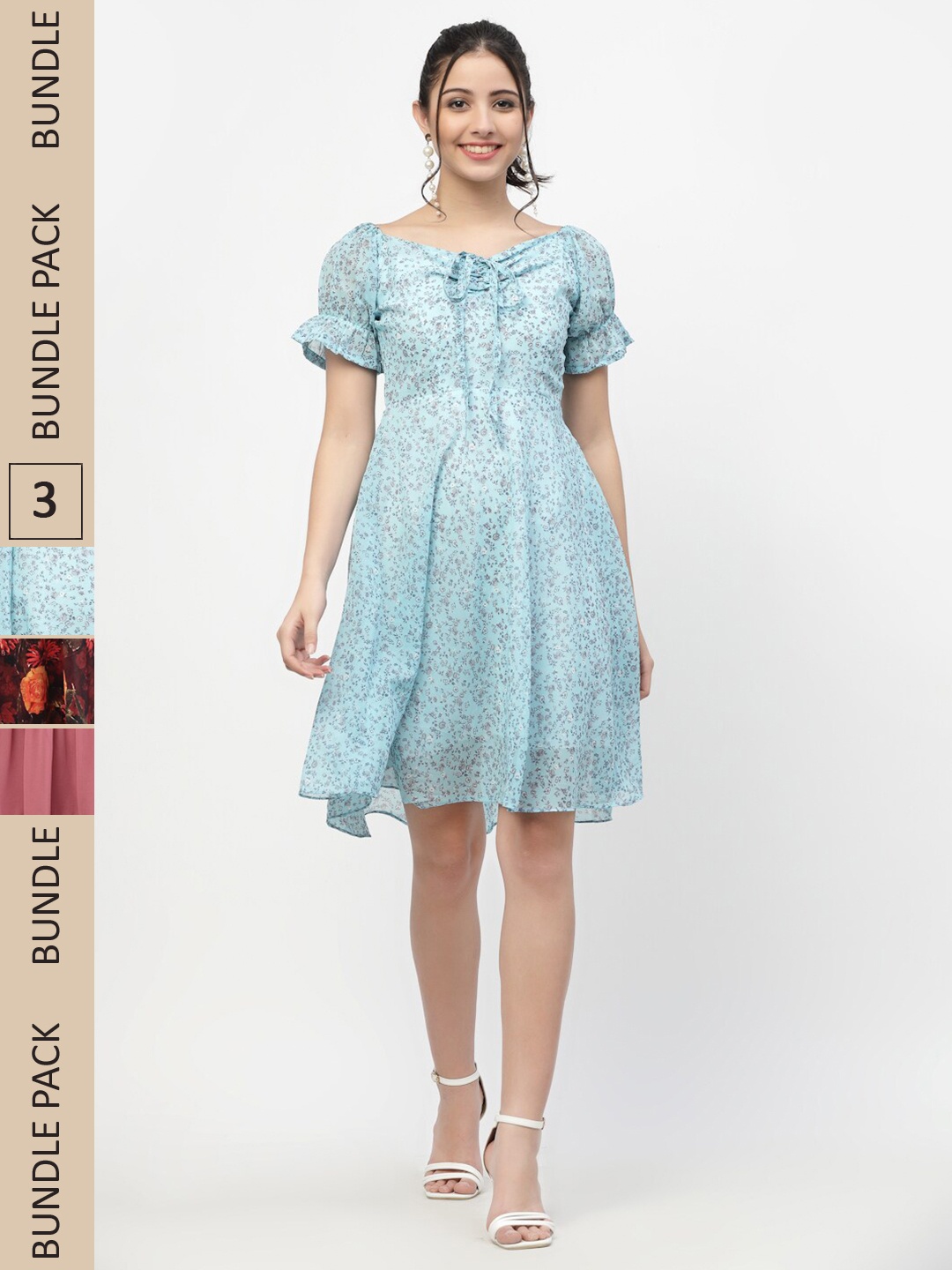 

MISS AYSE Pack Of 3 Floral Georgette Dress, Blue