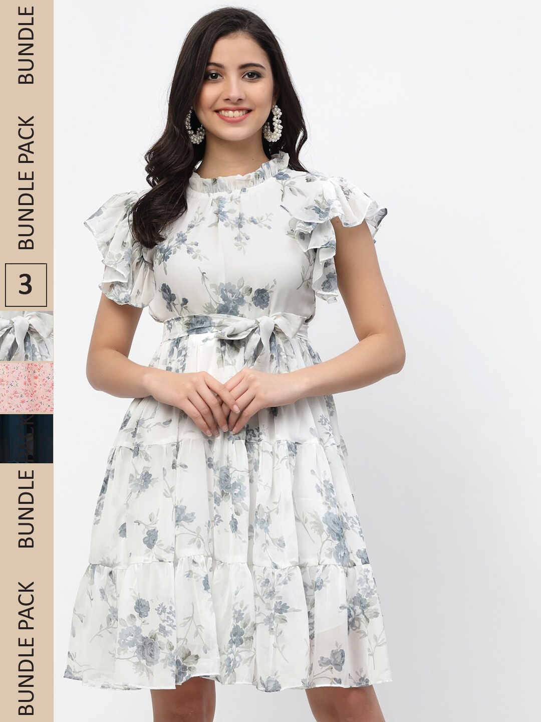 

MISS AYSE Pack Of 3 Floral Georgette Midi Dress, White