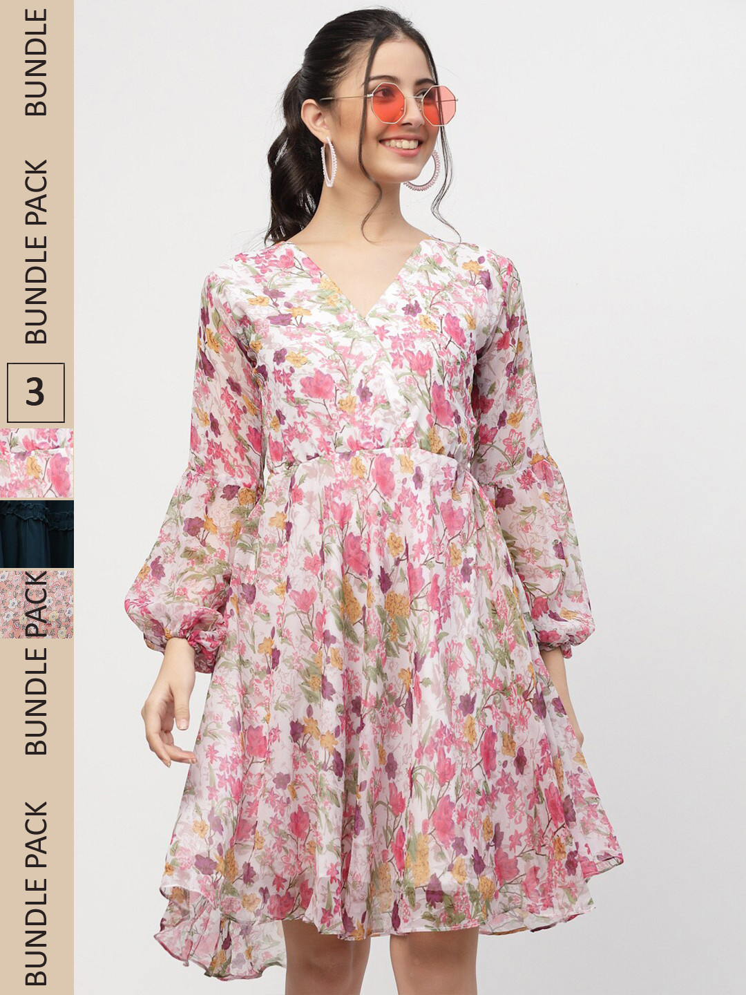 

MISS AYSE Pack Of 3 Floral Georgette Dress, Pink