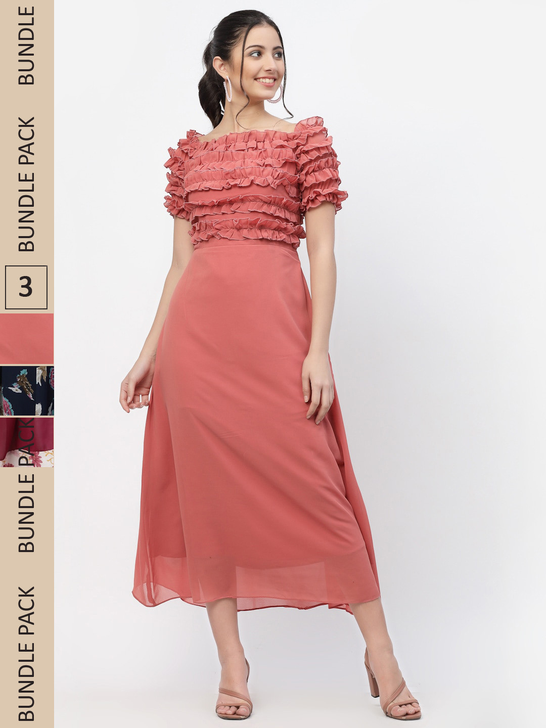 

MISS AYSE Pack Of 3 Off-Shoulder Georgette A-Line Midi Dress, Pink