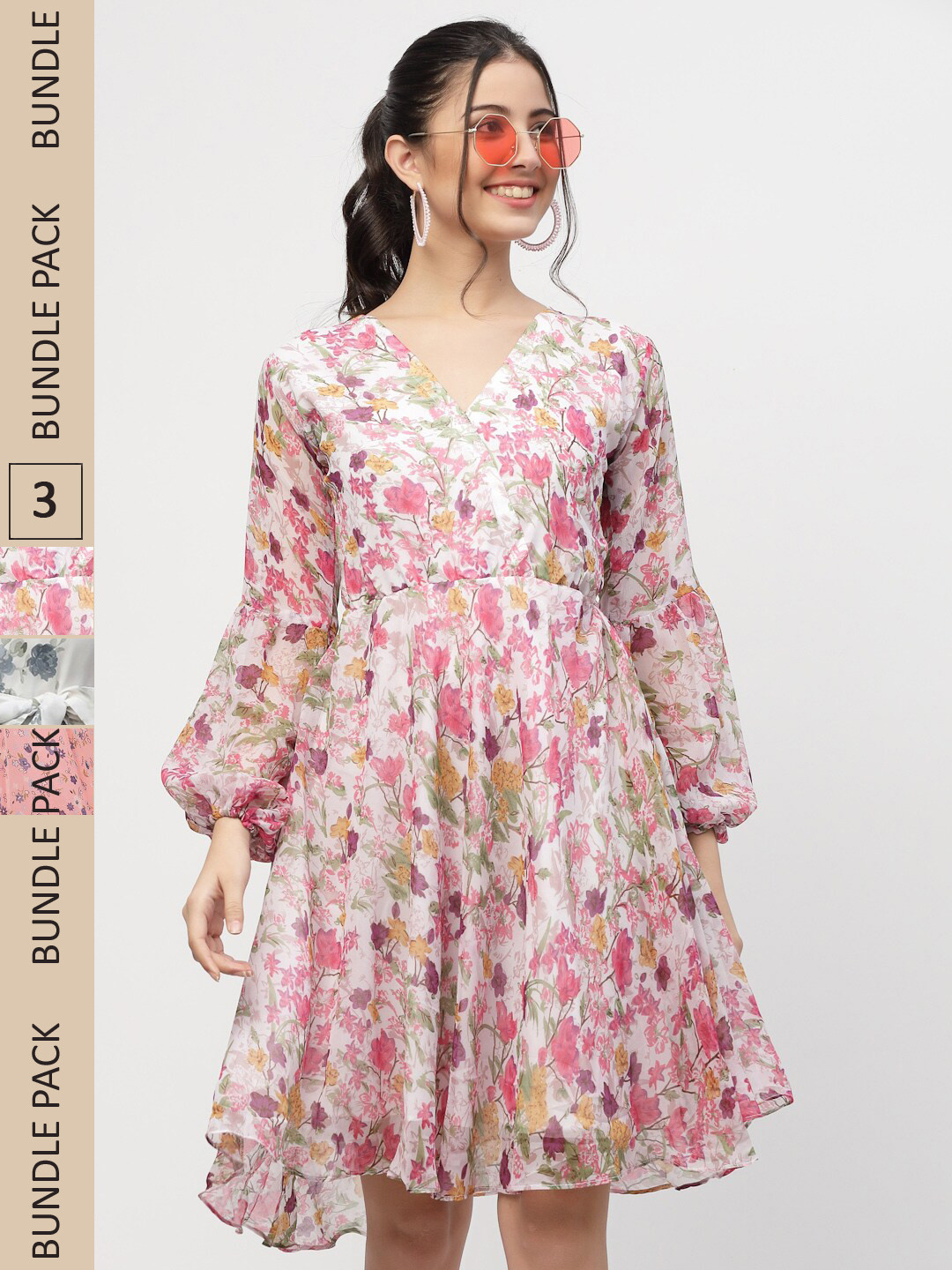 

MISS AYSE Pack Of 3 Floral Georgette Dress, Pink
