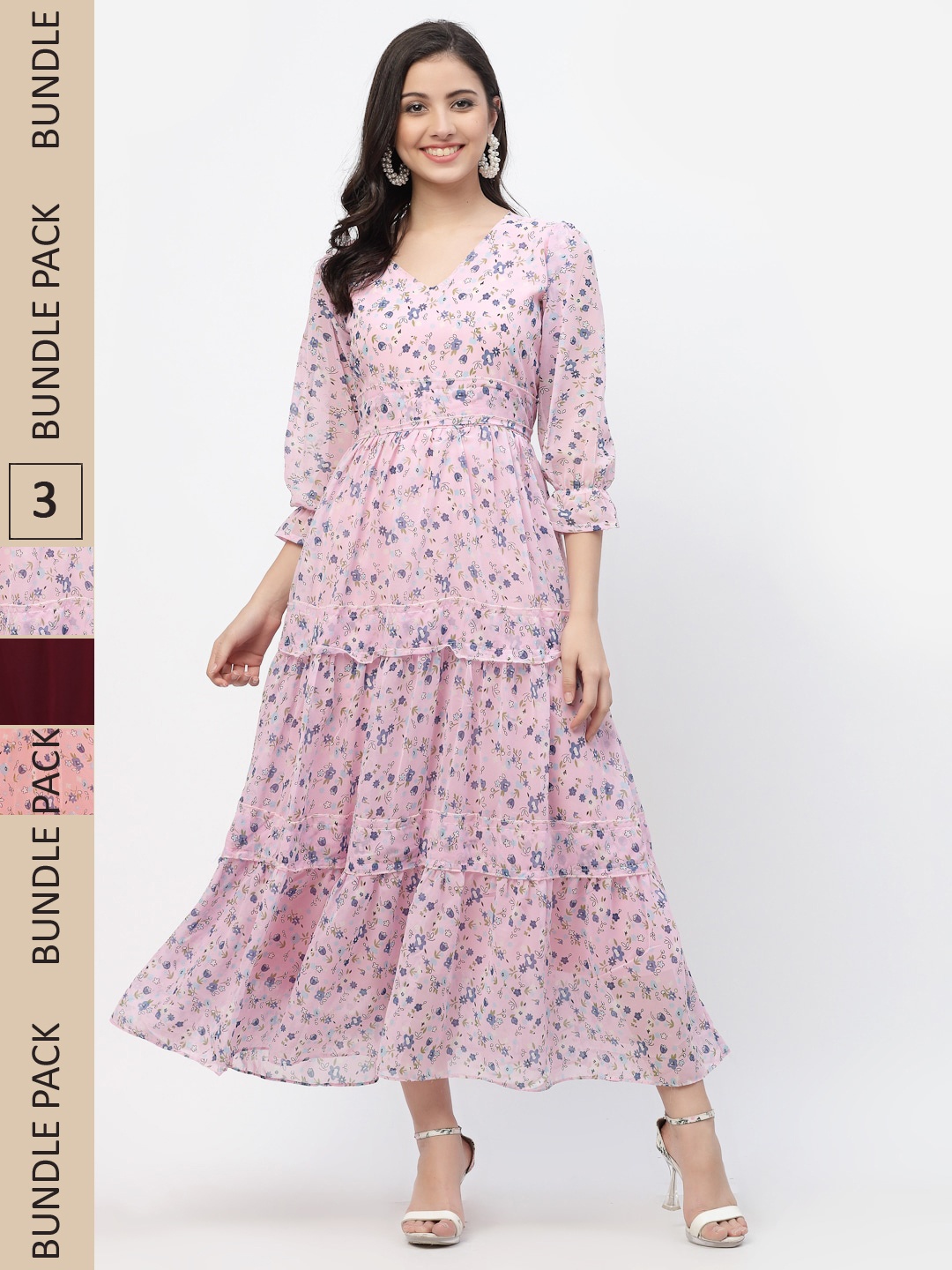 

MISS AYSE Pack Of 3 Floral Georgette A-Line Maxi Dress, Pink