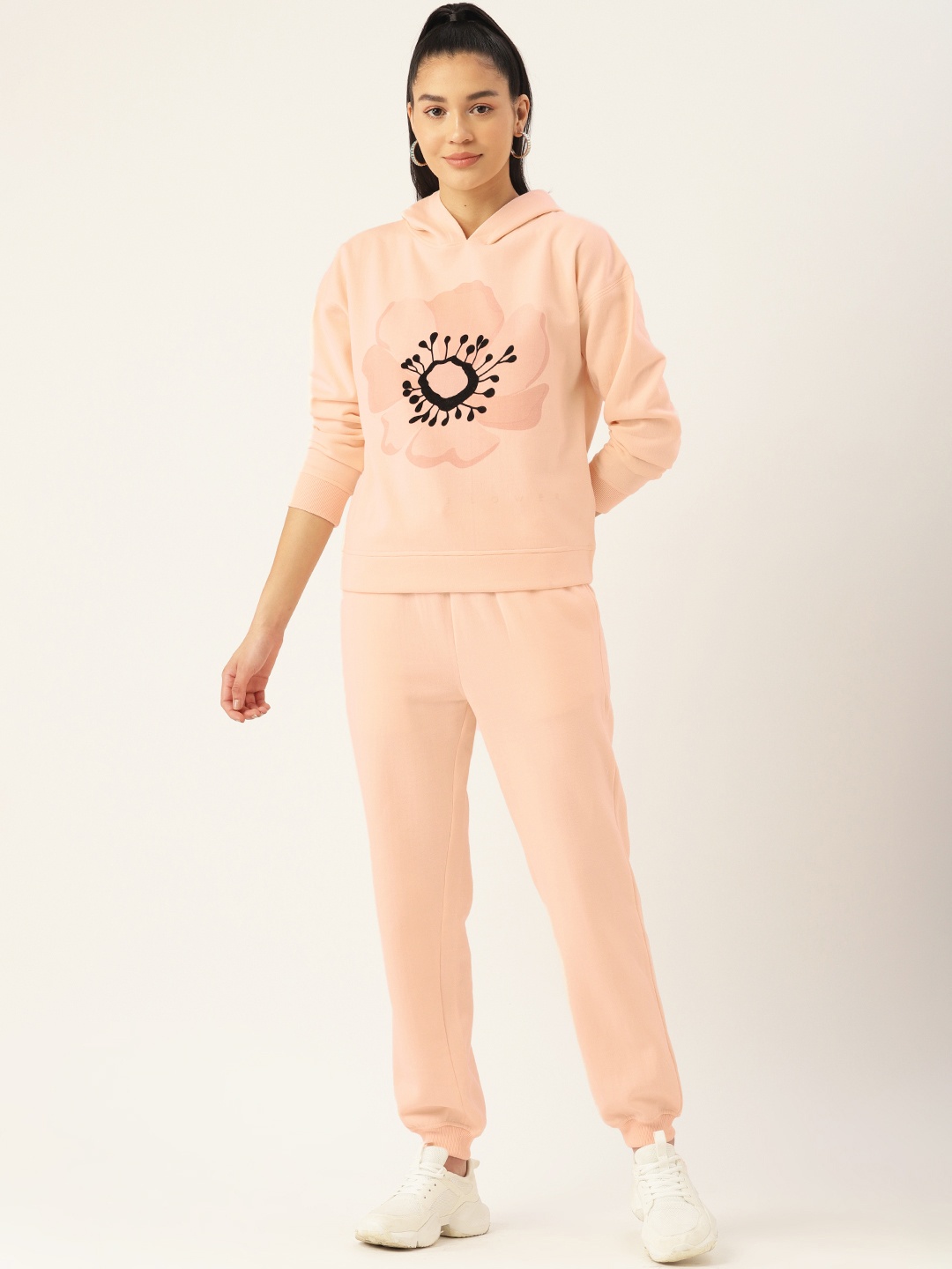 

LILL Women Fleece Graphic Printed Tracksuit, Peach