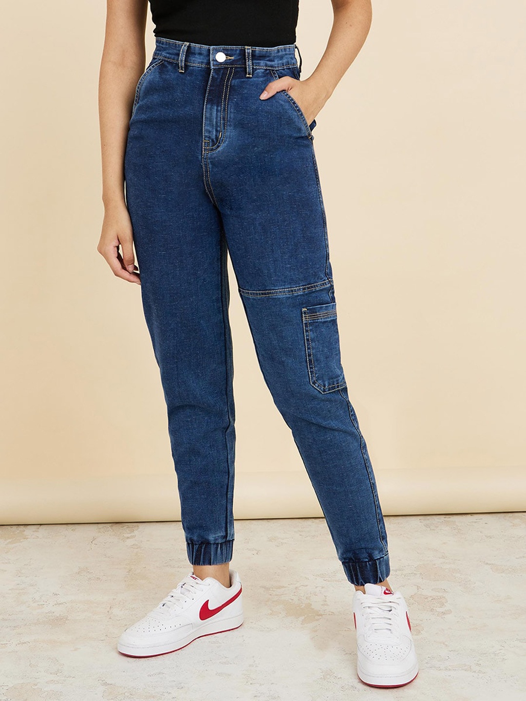 

Styli Women Cotton High-Rise Jogger Jeans, Blue