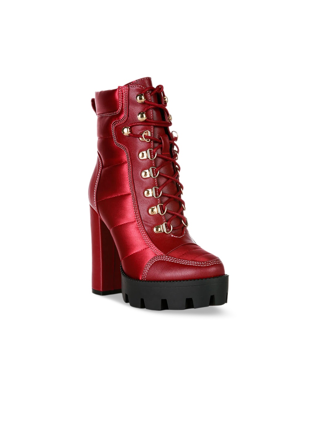 

London Rag Women High Heel Quilted Satin Biker Boots, Burgundy
