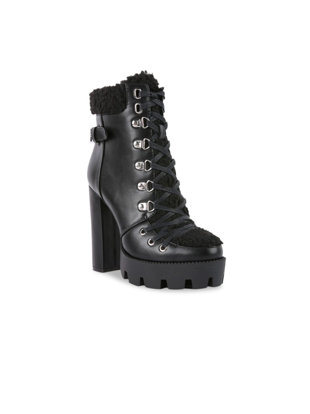 

London Rag Women Fur Collared Biker Boots, Black