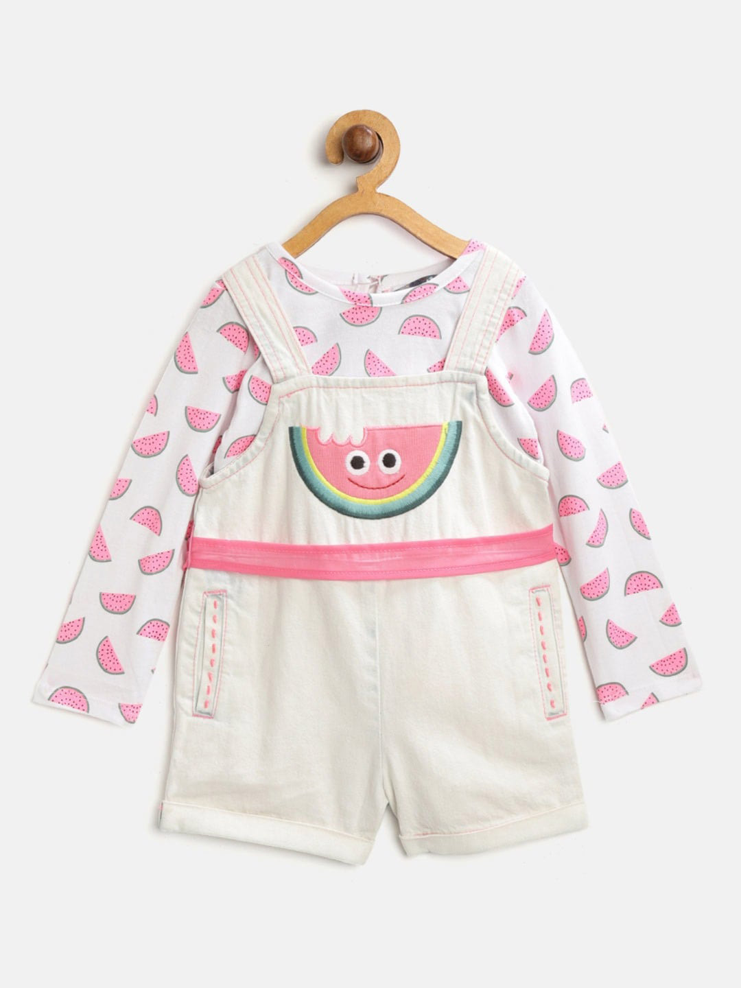 

Nauti Nati Girls Cotton Printed Top with Dungaree Set, Off white