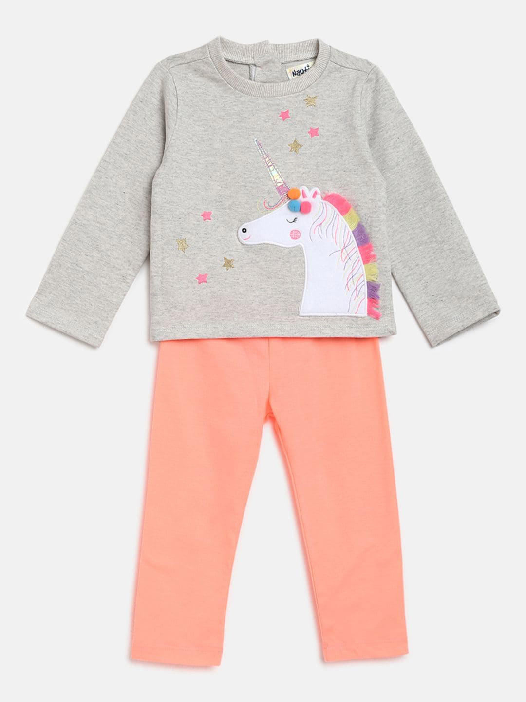 

Nauti Nati Girls Cotton Top with Pyjama Set, Grey