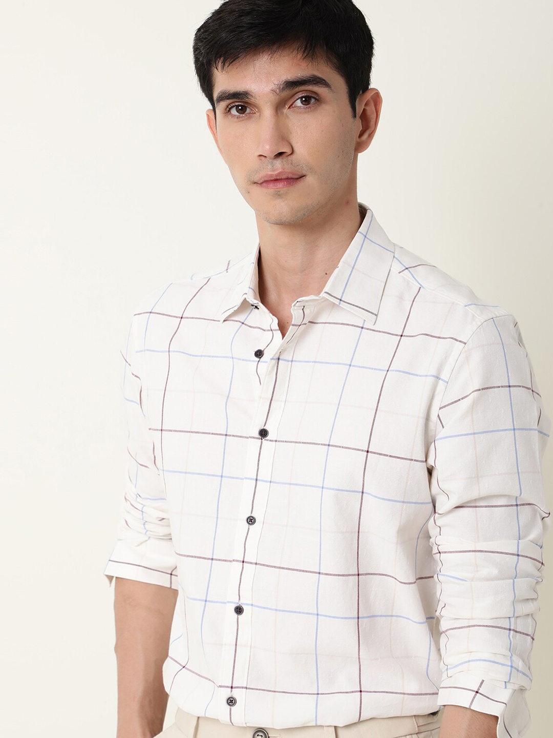 

RARE RABBIT Men Pyrros Cotton Slim Fit Checked Shirt, White