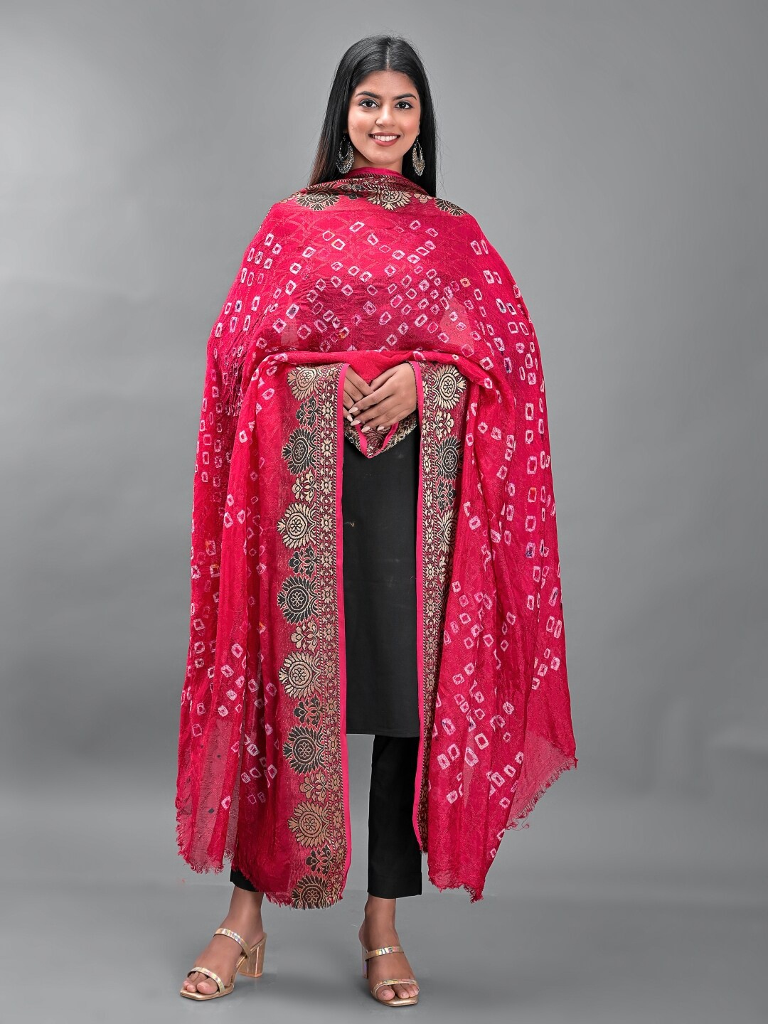 

Apratim Printed Silk Bandhani Dupatta, Pink