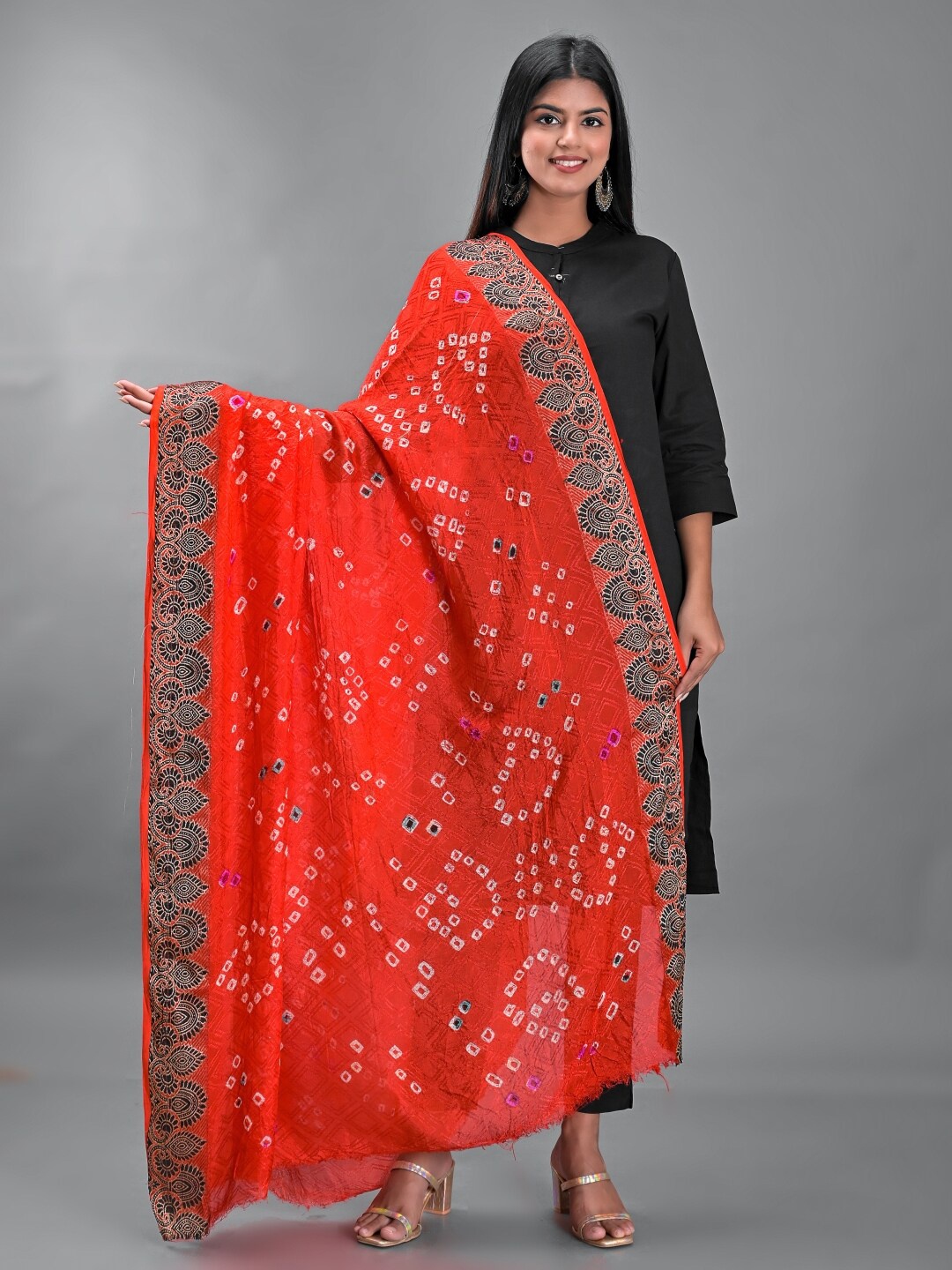 

Apratim Printed Bandhani Silk Dupatta, Red