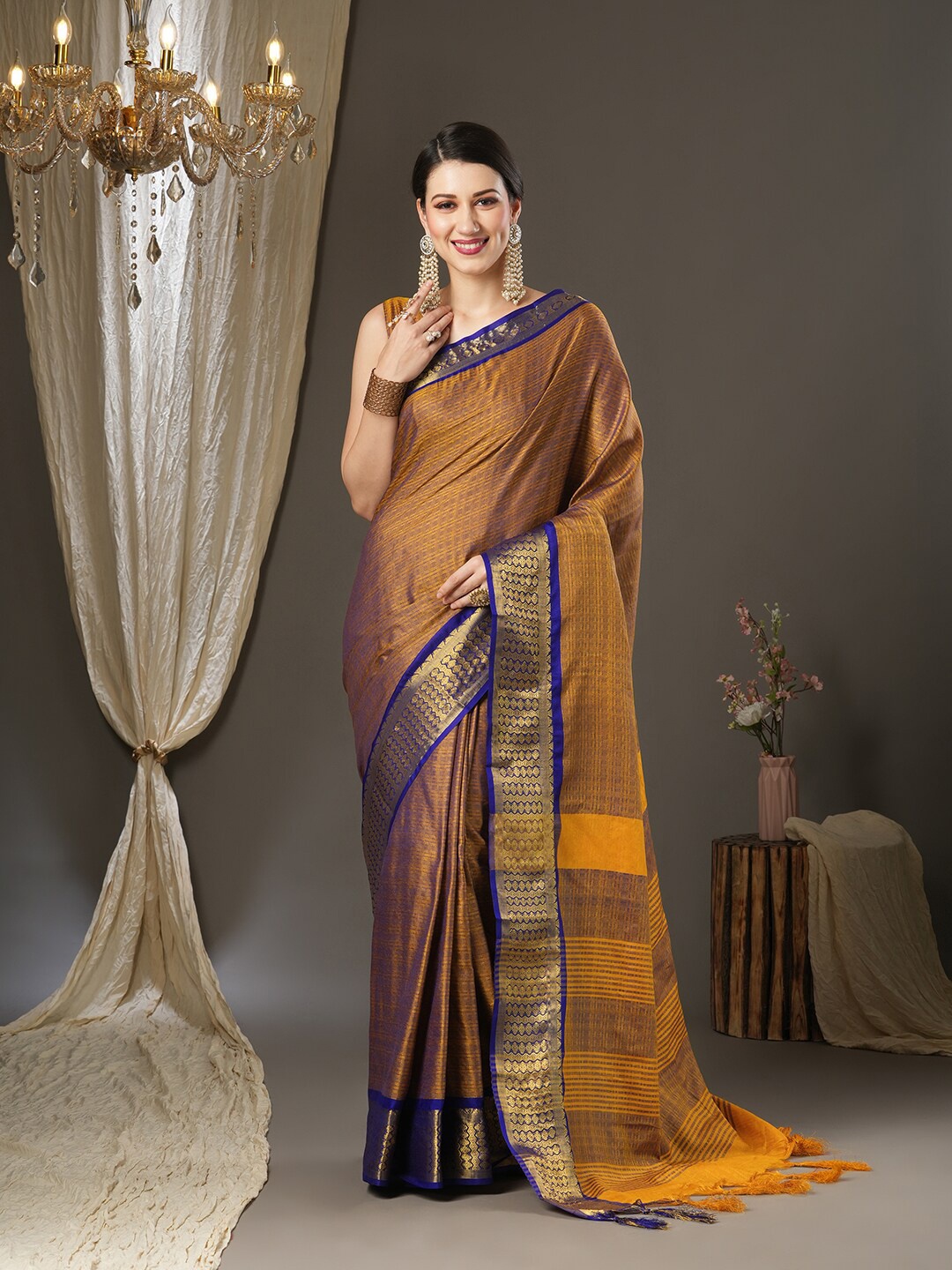 

Saree mall Woven Design Zari Taant Sarees, Mustard